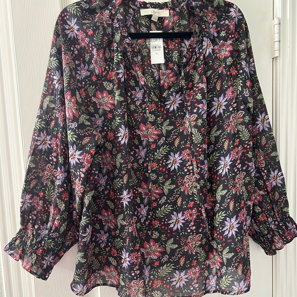 LOFT Multicolor Tie Neck Floral Blouse